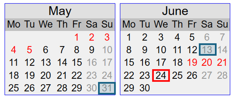 May and June calendars: the review period runs from Sunday 31 May to Saturday 13 June, and the evaluation date is Wednesday 24 June.